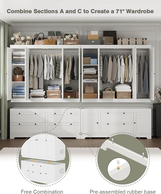8 Door Large Wardrobe Closet 71" Tall White Wooden Freestanding Storage Armoire – Oversize Capacity Modular Cabinet with Drawers, Space-Saving Durable Design for Bedroom & Closet Organization