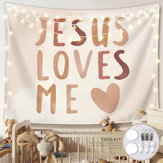LIANGW Baby Girls Boys Nursery Decor - Jesus Loves Me Christian Tapestry Wall Hanging, Boho Neutral Bible Verse kids Room Decor, Toddler Girls Room Decor, 50x60 inche