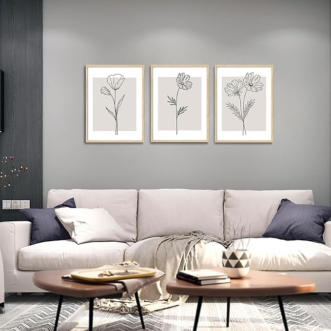 CHMMART 3 Piece Neutral Flower Framed Wall Art Beige Minimalist Floral Canvas Art Prints Boho Botanical Line Pictures Wall Decor Artwork Painting for Living Room Bedroom Office 16x20in