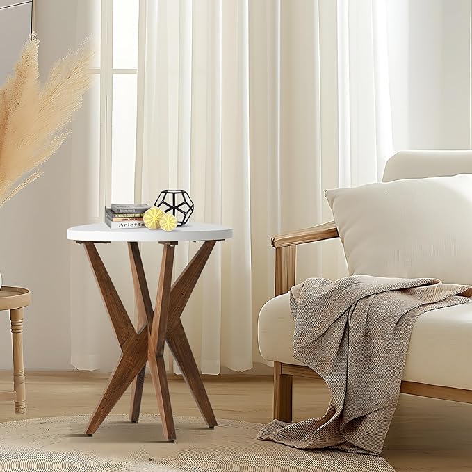 Modern Round End Table with Smooth White Top and Crossed Walnut Legs, Minimalist Accent Table for Living Room, Balcony, or Small Spaces, Easy Assembly Bedside Table, White Walnut