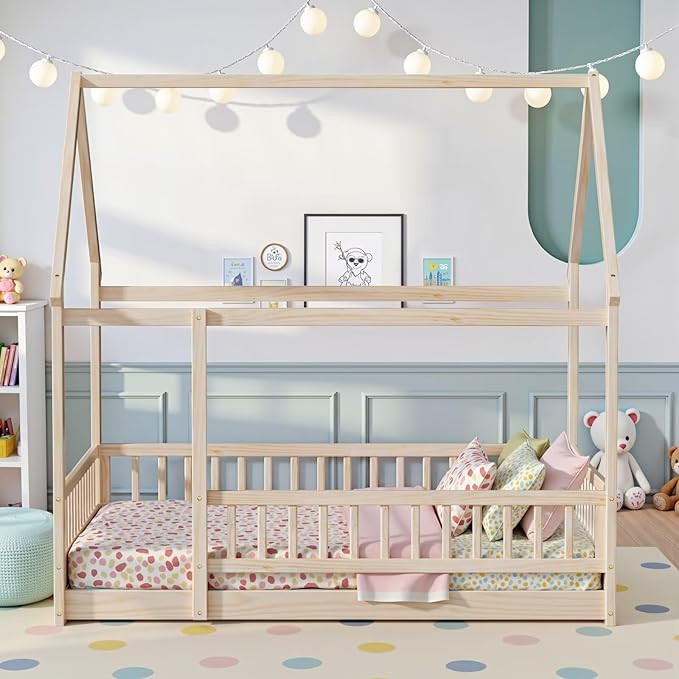 LLS Full Size Montessori Floor Bed Frame with Slats and Fence, Wooden House Bed for Boys Girls Bedroom, Natural