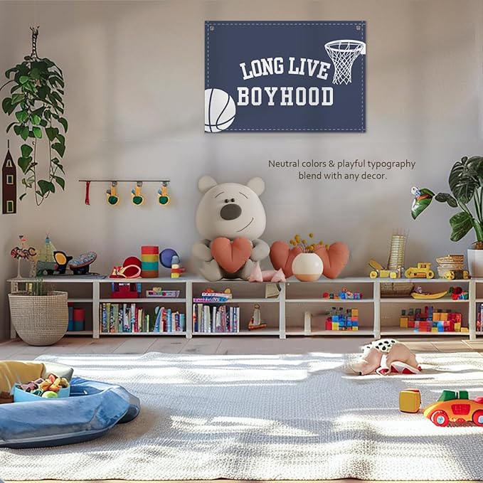 Long Live Boyhood Boys Room Decor - Linen Nursery Banner for Toddler Room Decoration, Farmhouse Kids Wall Hanging, Canvas Banner Flag for Baby Shower, Birthday Gift - A01