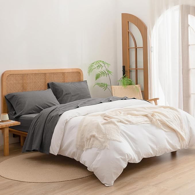 BESTOUCH Sheet Set 100% Washed Cotton Linen Feel Super Soft Comfortable Chic Lightweight 3 Pcs Home Bedding Set Solid Dark Grey Twin