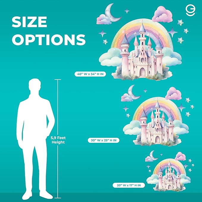 CRYPTONITE Rainbow Wall Decal for Girls Bedroom | Watercolor Castle Vinyl Sticker for Nursery Wall Decor | Cute Stickers for Kids Room, Windows, or Furniture | 3 Sizes (Wide 40" x 35" Height (Large))