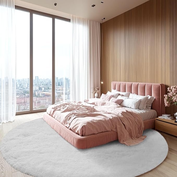 Round Area Rug for Living Room: White Shag Rugs for Bedroom- 8x8 Feet Fluffy Round Rugs for Living Room- Shag White Rugs Soft Plush Indoor Carpets for Bedroom, Nursery, 8ft