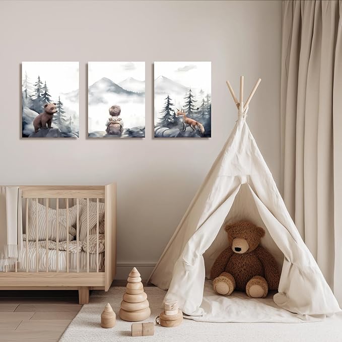 Cyebmo Framed Woodland Boy Nursery Wall Art Set of 3, Whimsical Boy Adventure Wall Decor, Mountain Forest Animal Bear Fox Wrapped Canvas Artwork for Classroom Kids Room Baby Nursery 12"x16"x3