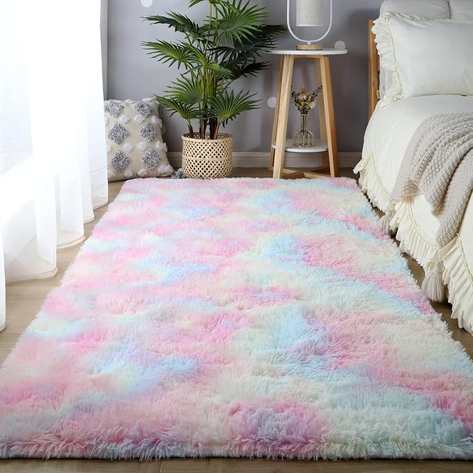 Rainbow Rugs for Girls Bedroom Living Room,8x10 Feet Shag Fuzzy Area Rug for Kids Playroom,Pastel Plush Shaggy Carpet for Nursery Baby Toddler Dorm Room