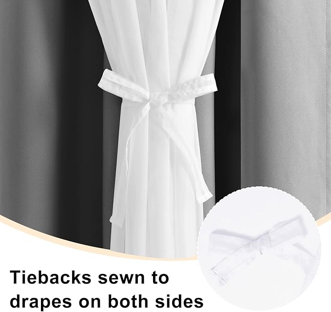 Hiasan Grey Blackout Curtains with Sheer Overlay, Double Layer Mix & Match Thermal Insulated Room Darkening Curtains for Bedroom, Living Room, 2 Window Curtain Panels with Tiebacks, 52W X 120L