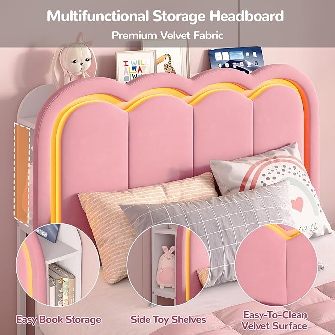 Maupvit Twin LED Bed Frame with Storage Headboard and 4 Drawers, Upholstered Platform Bed Frame with Bookcase, Velvet Princess Bed for Kids Girls, Charging Station, No Box Spring Needed, Pink