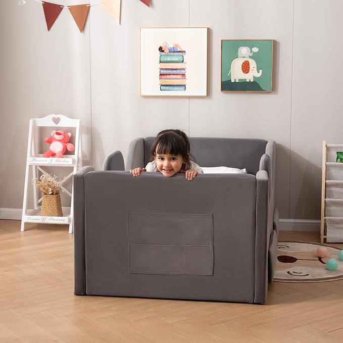 Toddler Bed Frame with 2 Drawer and Storage Bag, Kids Bed with Removable Safety Rails, Standard Crib Size Portable Beds, Safety Upholstered Child Beds for 1-6 Years Old