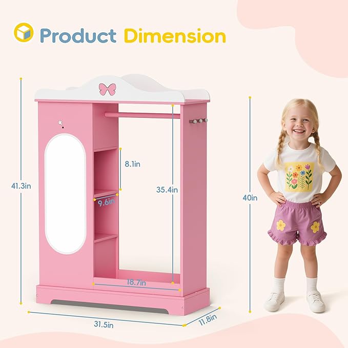 Kids Armoire with Jewelry Cabinet, Kids Dress Up Storage wth Shelves, Girls Wardrode Costume Organizer with Mirror, Children Closet with Armoire for Bedroom, Kid Room, Girls (Pink)