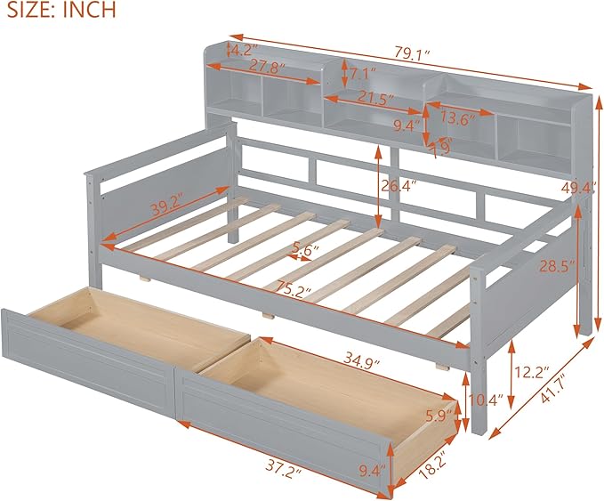Harper & Bright Designs Twin Daybed with Storage, Wood Twin Size Bed Frame with Bookcase Headboard and 2 Drawers, Twin Sofa Bed with Shelves for Living Room Bedroom, No Box Spring Need, Grey
