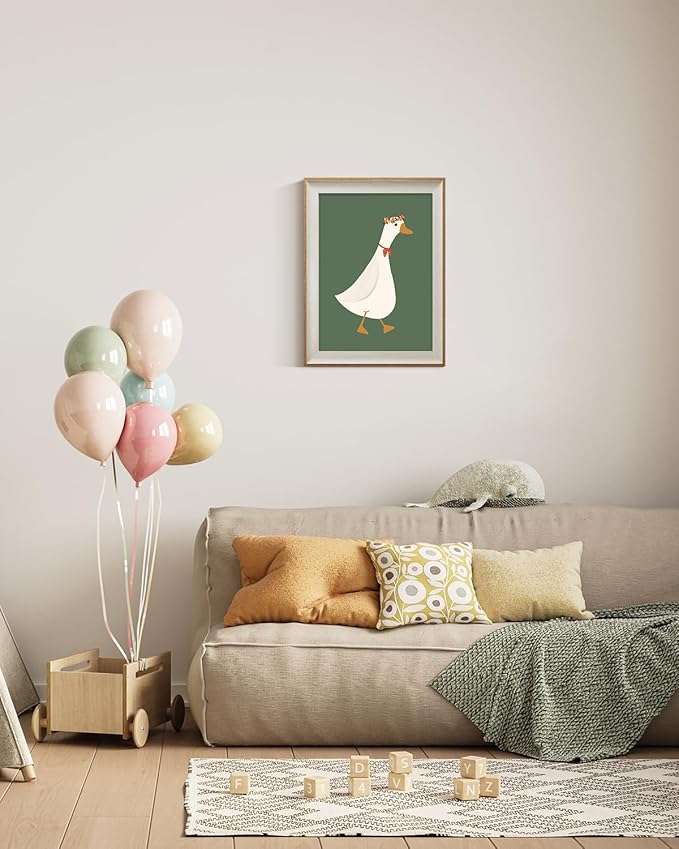 ARPEOTCY Framed Canvas Wall Art, 12x16 Inch Cute Goose with Flower Crown Print, Whimsical Farmhouse Animal Art for Bathroom, Kitchen, or Kids Room Decor