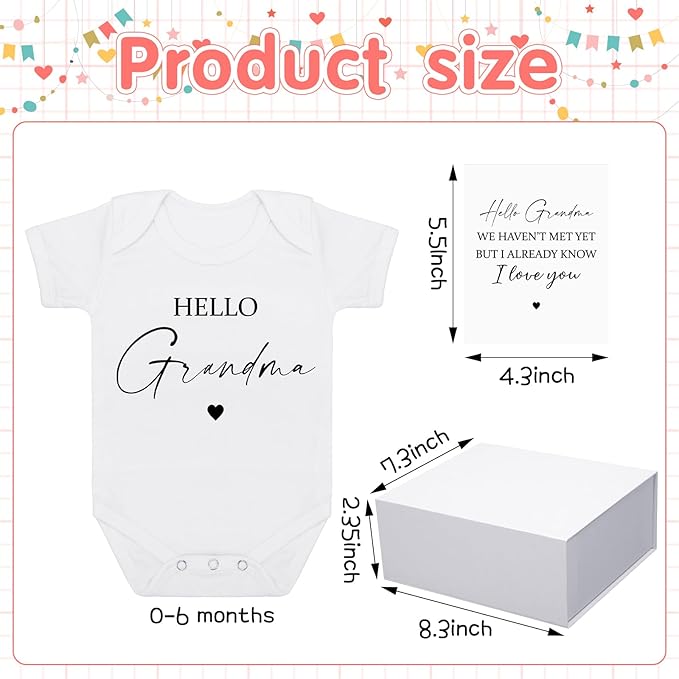 4 Pcs Pregnancy Announcement for Grandma, Hello Grandma Baby Bodysuit, Hello Grandma Pregnancy Reveal Card Baby Reveal Gift Box Baby Announcement Gifts Set for Grandma