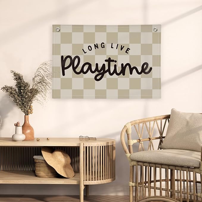 Playroom Wall Decor, Long Live Playtime Banner, Playroom Wall Decor Boy Nursery Decor, Checkered Canvas Banner Wall for Playroom Toddler Room, Boys Girls Kids Room,Classroom ，playtime