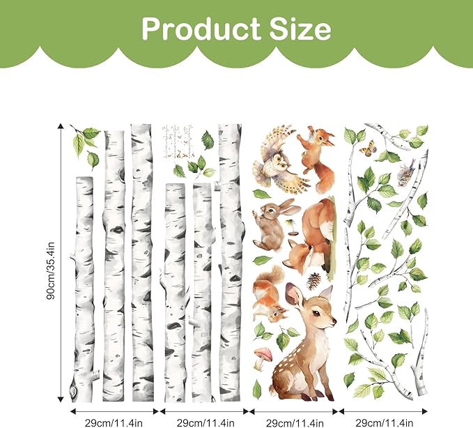Tanlaby Large White Birch Tree Wall Decals Forest Animals Wall Stickers Woodland Trees Wall Decals Deer Fox Sticker Art Decor for Baby Nursery Boys Kids Toddler Bedroom Playroom Classroom