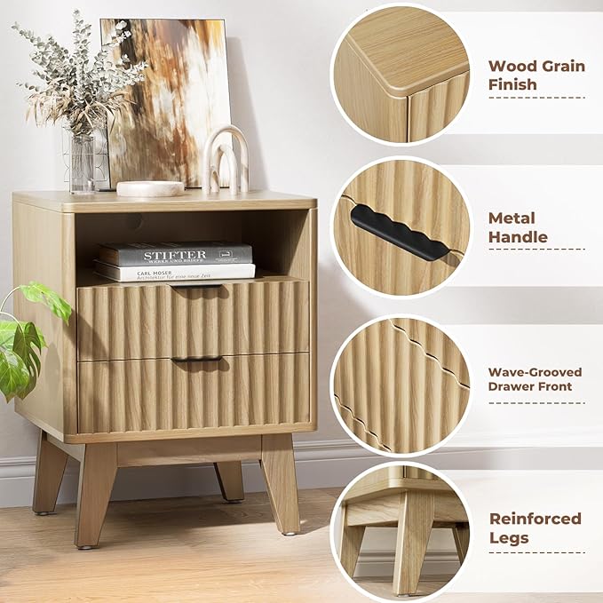 Nightstands with Charging Station, Modern Fluted 2 Drawers End Tables, Side Tables with Storage Shelf for Bedroom, Office, Natural Oak