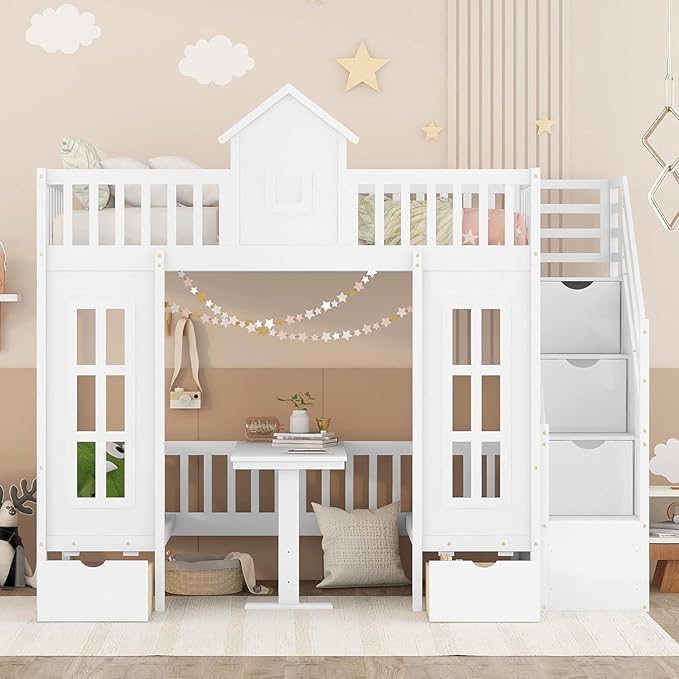 MERITLINE Twin Over Twin Castle House Loft Bed with Stairs and Storage Drawers,Solid Wood Princess Convertible Bunk Bed with Desk and Seat (White (Convertible))
