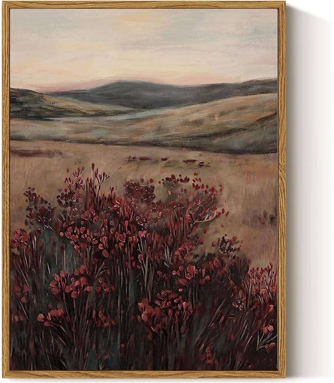 ARPEOTCY Vintage Framed Canvas Wall Art, 12x16inch, Farmhouse Landscape Wall Decor, Moody Art Prints Home Decorations, Maroon Wildflower Scenery Paintings for Living Room Bedroom Office Decor