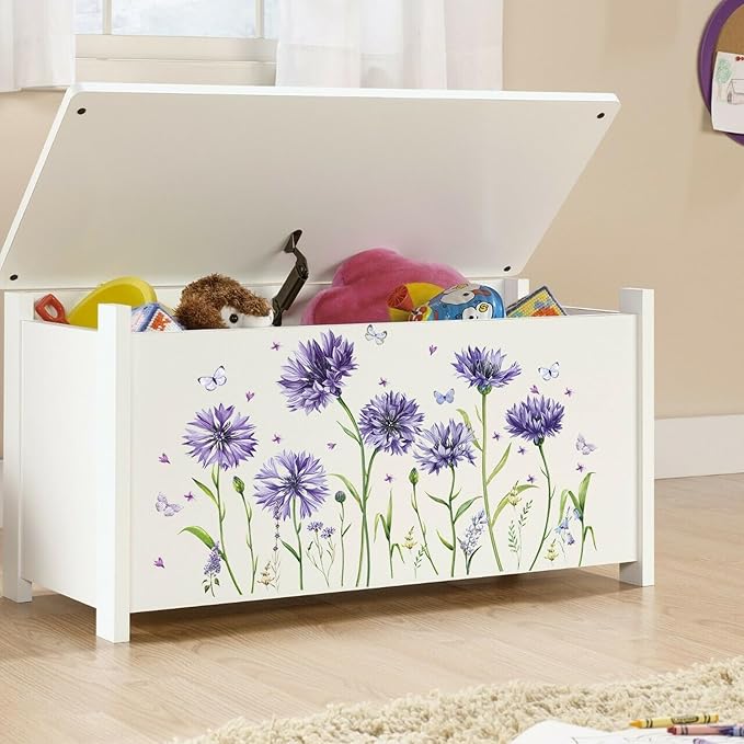 Purple Floral Wall Sticker Peel and Stick Flower Butterfly Wall Decal Green Plant Leaf Wall Art Mural Daisy Flowers Wall Stickers for Bedroom Decor