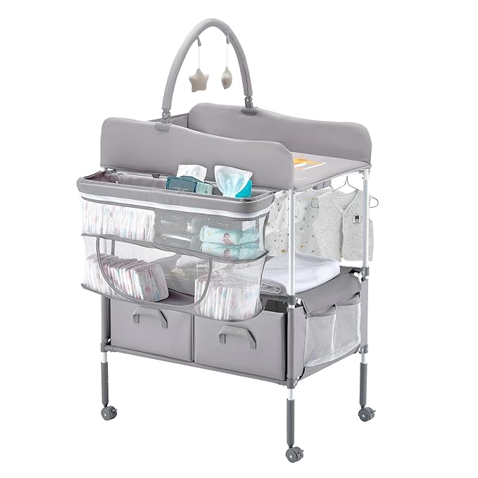 VEVOR Baby Changing Table, Foldable Diaper Change Station with 2 Fabric Drawers, Side Basket and Hanging Rod, Adjustable Height Changing Table with Lockable Wheels and 2 Star Toys, Light Gray