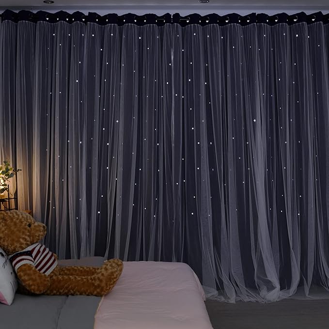 Kinryb Kids Star Cutout Curtains for Bedroom/Living Room/Classroom,2 Free Tiebacks Sheer Overlay 2 Panel Set, Double Layer Curtains for Kids Room(Each Piece W70xL72 Inches 2 Pcs Navy Blue)