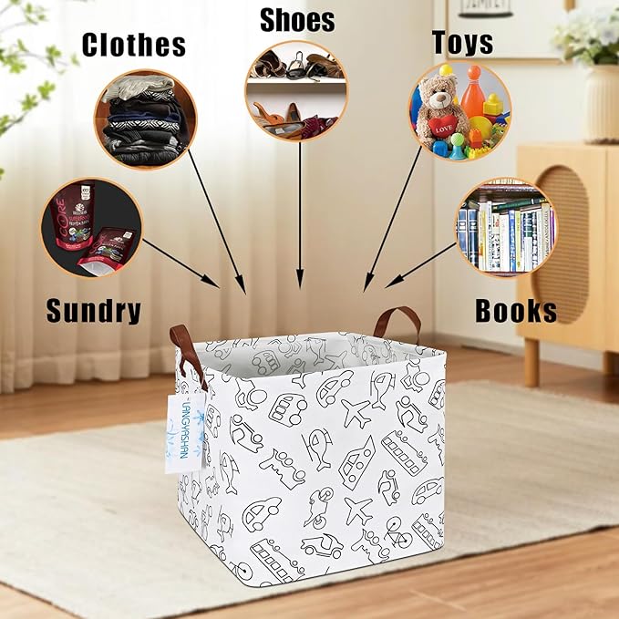 LANGYASHAN Square Storage Baskets Waterproof Canvas Children Laundry Nursery Hamper for Shelves Gift Baskets Toy Organizer Room Decor(Vehicle)