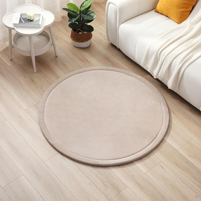 Hakuna Matte Coral Velvet Baby Play Mat Ø 47" Beige – High-Density Memory Foam Area Rug – Playmat for Floor with Non-Slip Backing for Crawling, Playing & Tummy Time