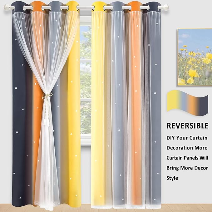 Kinryb Nursery/Kids/Girls Room Star Cut Out Blackout Rainbow Curtain with Sheer Overlay 2 Panels, Each 52 inch Wide,108 inch Length with White Gauze,Ombre Stripe Rainbow Curtains (2 Pcs,52x108 Inch)
