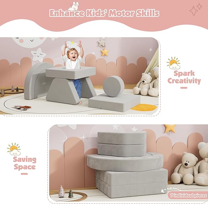 7 PCS Modular Kids Play Block Couch Child Sectional Sofa Toddler Building Fortplay Bedroom Playroom Baby Convertible Floor Foam Cushion for Boys & Girls (Light Gray-Single)