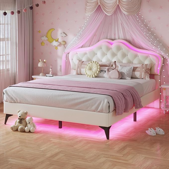 BTHFST Full Size Upholstered Bed Frame with LED Lights, Adjustable Headboard with Crystal Button, Princess Platform Bed for Girls, Solid Wood Slats Support, No Box Spring Needed, Beige