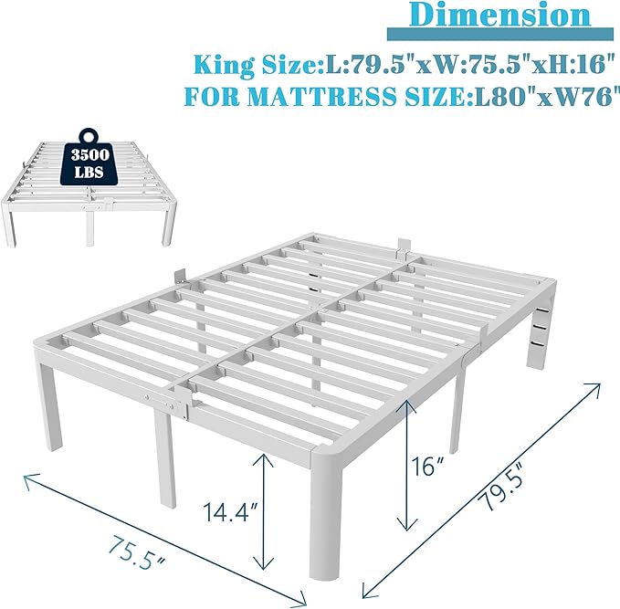 King Size Bed Frame 16 Inch White, Metal King Bed Frame with Baffles, No Box Spring Needed, Heavy Duty Steel Platform Support, Round Corner Design, Reserved Holes, Noiseless, Storage Space