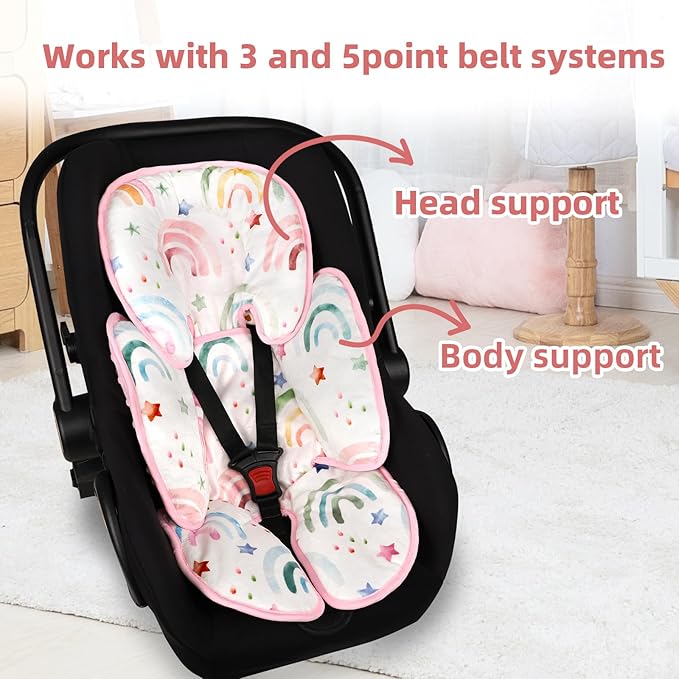 Infant Car Seat Insert, 2-in-1 Baby Car Seat Head Support for Newborn Girls Boys, Soft Baby Neck Support and Body Cushion for Car Seat, Stroller, Bouncer (RainbowStar)