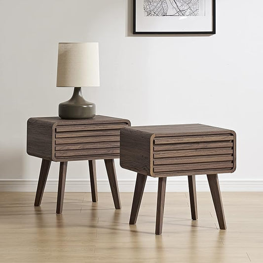 mopio Ensley Mid Century Modern Side Table, Small Accent Tables for Living Room, Mid Century Modern Night Stand, Bedside Tables, Wood Nightstands for Bedroom (Walnut, Set of 2)