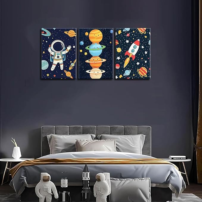 3Pcs Space Nursery Canvas Wall Art Whimsical Outer Space Astronauts Kid Decor Pictures Rocket Planet Posters Prints for Boys Room Girls Room Kids Room Decoration