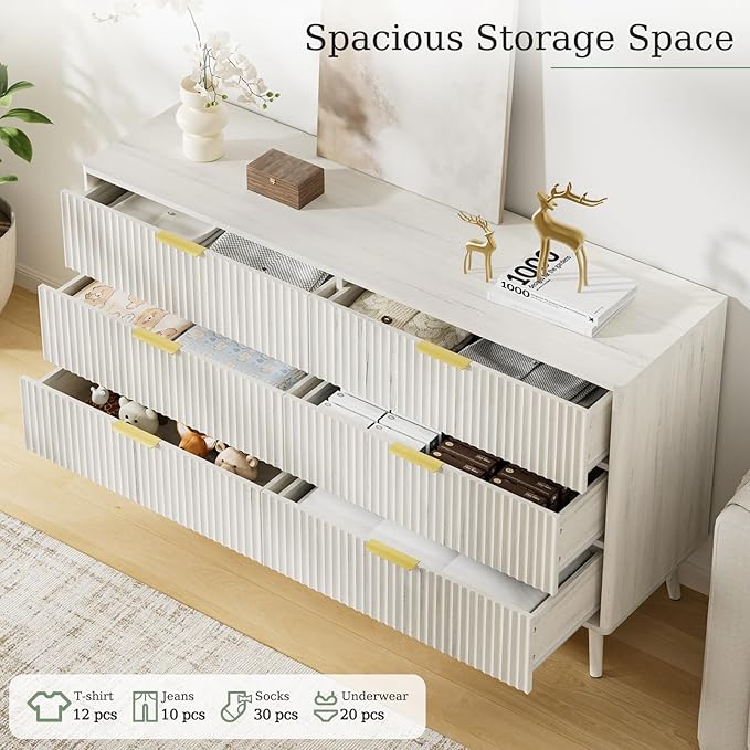 LYNSOM 55" Wide Fluted Dresser for Bedroom with 7 Drawer, Modern Chest of Drawers with Curved Profile Design and Metal Handles, Wood Dresser TV Stand & Storage Organizer for Living Room, White
