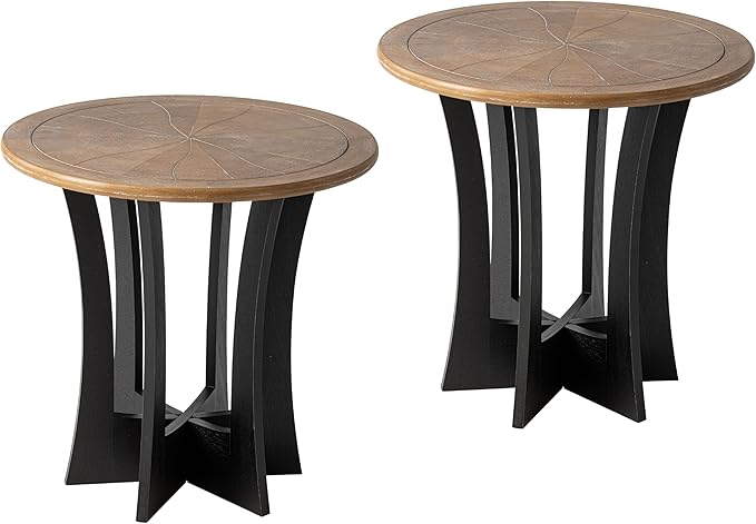 COZAYH Farmhouse Round End Table X 2P with Criss-Cross Wood Legs, Rustic French Country Side Table for Dinning or Living Room, Modern, Black, Natural Wood