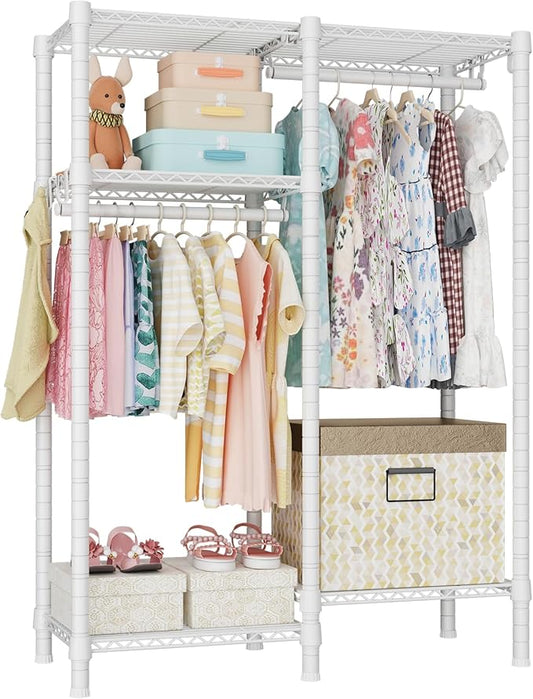 Ulif F1 Garment Rack for Kids, Baby, Students, and Children's Room, 4 Tiers Freestanding and Portable Heavy Duty Closets, Small Metal Clothes Rack with 2 Hanging Rod, 31.2" W x 11.8" D x 48" H, White