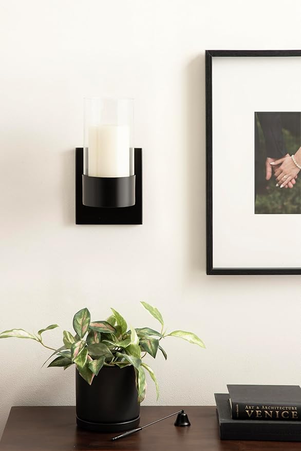 Kate and Laurel Zabler Modern Metal Wall Sconce, 5 x 6 x 10, Black, Round Candle Holder with Removable Glass Cylinder for Flameless Candle Display in Bedroom or Bathroom