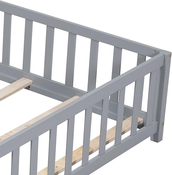 Full Size Floor Platform Bed with Fence and Lockable Door, Wood Montessori Bed Frame with Slat Support for Kids,Girls,Boys, Easy to Assemble,Grey