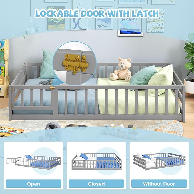 Giantex Full Floor Bed with Door & Fence, Kids Wood Montessori Beds with Safety Guardrails, Floor Bed Twin for Kids, Boys, Girls, No Box Spring Needed, Grey