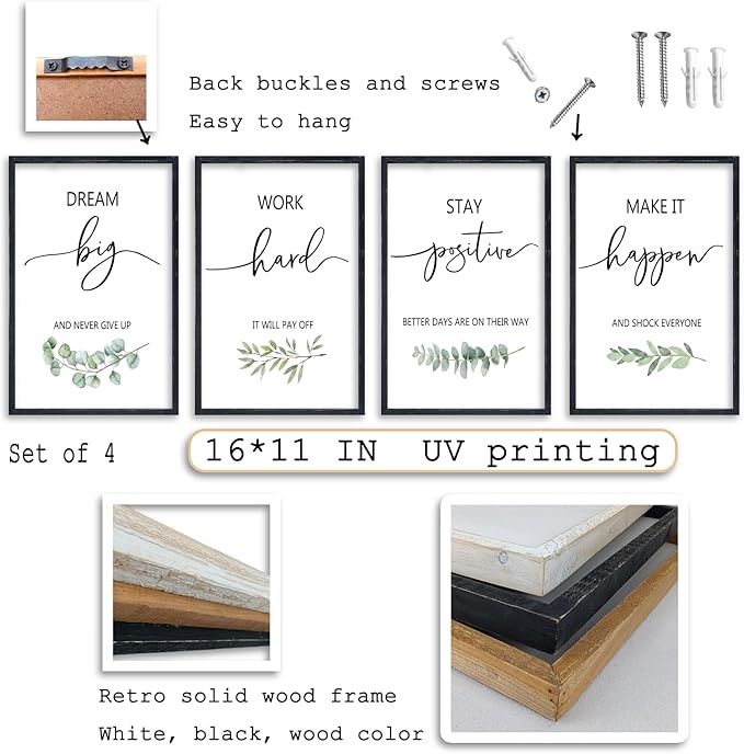 Set of 4 Inspirational Quotes Wall Art 16x11 Inch Encouraging Office Wooden Framed Positive Affirmations Home Family Decor Sign Motivational Plaque Wall Hanging Decoration (Black)
