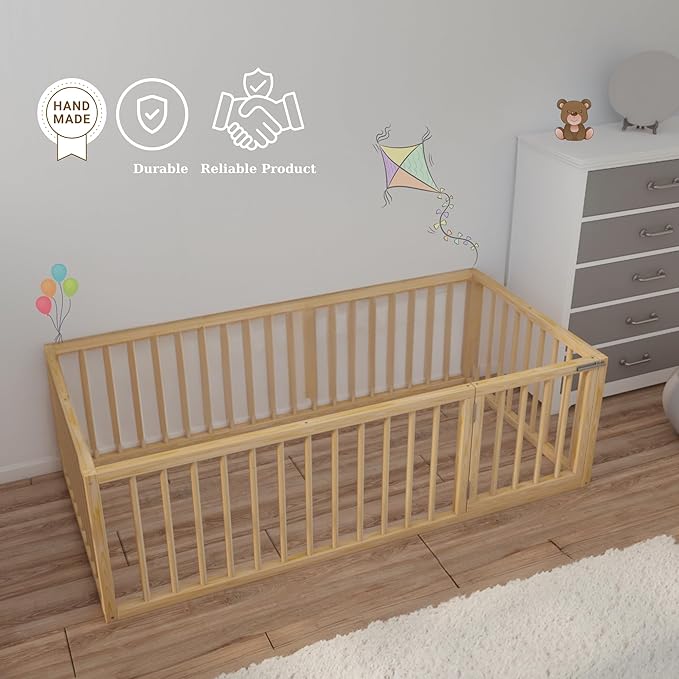 Montessori Floor Bed with Door On The Right Side for Toddler | Pine Wood Natural Solid Frame Beds | Sturdy Modern Design Floor Bed Frame for Boy and Girls (Full, Height : 17 Inches)