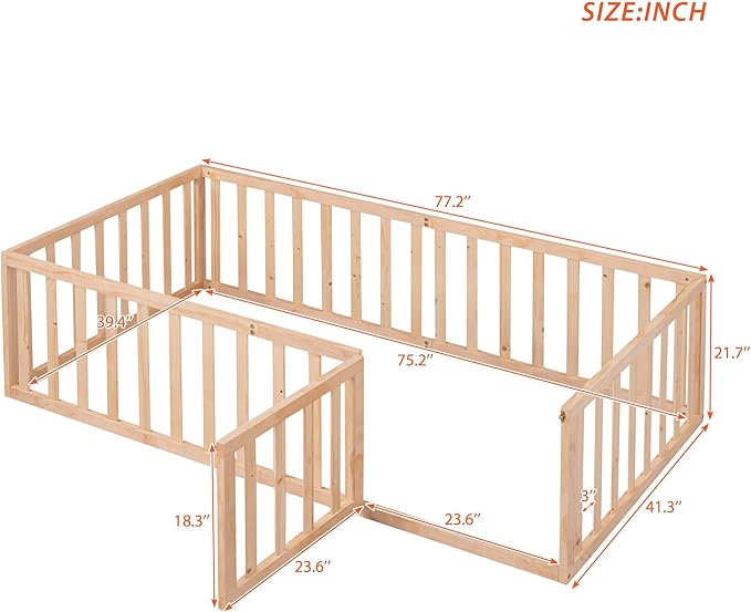 Merax Twin Floor Bed with Safety Guardrails and Door, Wood Montessori Floor Bed Frame for Kids, Twin Playhouse Bed Frame for Baby Girls and Boys, Natural