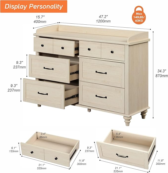 WAMPAT Beige Baby Dresser with 6 Drawers for Kids Room, Kids Dressers Wooden Double Dresser for Bedroom, Chest of Drawers Storage Organizer for Nursery Furniture