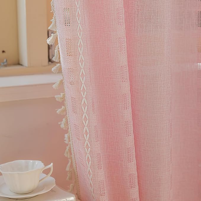 Deeprove Blush Pink Boho Curtain 84 inches Long for Living Room Bedroom, Vintage Bohemian Sheer Cotton Linen 84 inch Floor Length 7 FT Striped Embroidery Privacy Window Tassel W52 x L84, 1 Panel