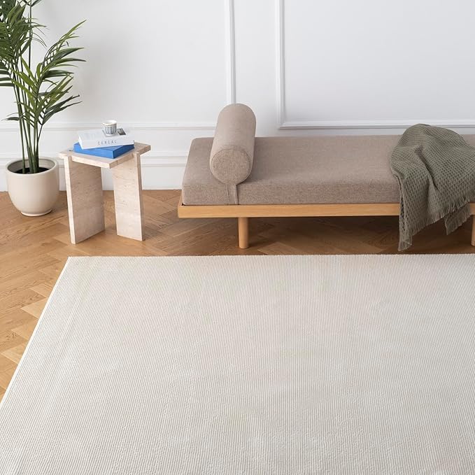 Revival Rugs Stripe 6'7"x9' Washable Area Rug for Living Room Bedroom - 100% Recycled Oeko-TEX Certified, Medium Pile, Beige, Cream