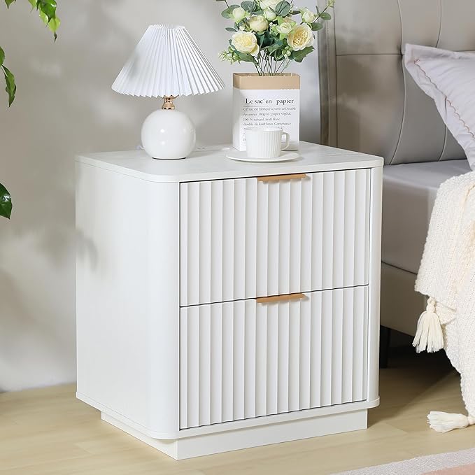 Fluted Nightstand with Charging Station, 23" Night Stands with 2 Drawers, Wood End Table with Storage, White Bedside Cabinet for Bedroom