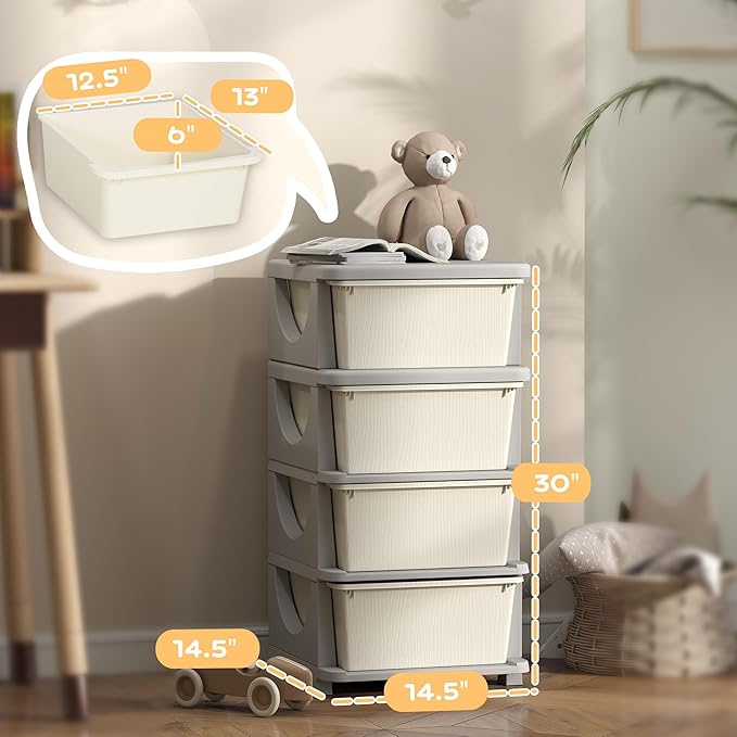 Qaba 4 Tier Kids Storage Unit, 4 Drawer Chest Toy Organizer Plastic Bins for Kids Bedroom Nursery Kindergarten Living Room for Boys Girls Toddlers, Cream White