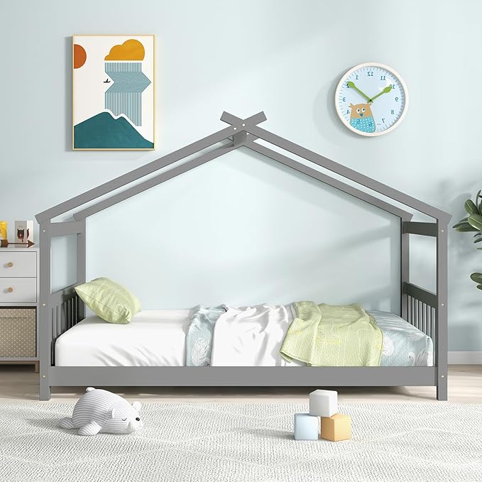 Giantex House Bed Twin, Solid Wood Kids House Bed with Roof, Headboard and Footboard, Low Floor Twin Bed Frame for Toddlers Teens Girls Boys, No Box Spring Needed, Grey